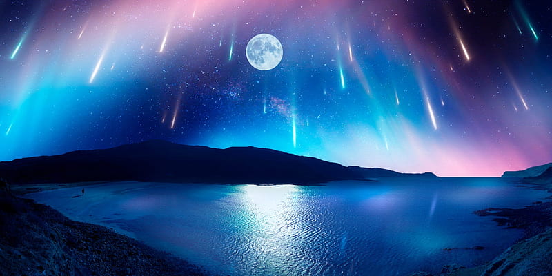 Shooting stars, moon, luminos, sky, fantasy, moon, water, ellysiumn, reflection, HD wallpaper