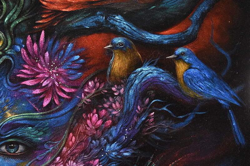 Birds and flowers, fantasy, bird, flower, nature heals, blue, art, ramesh acharya, red, frumusete, luminos, HD wallpaper