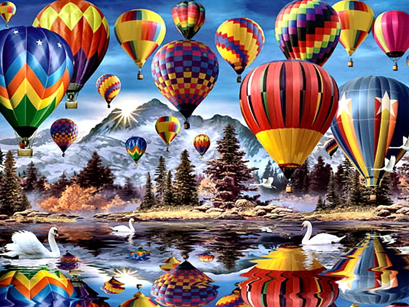 Balloon Festival F5, festival, art, lake, artwork, mountain, robinson, skyscape, balloons, painting, howard robinson, scenery, HD wallpaper