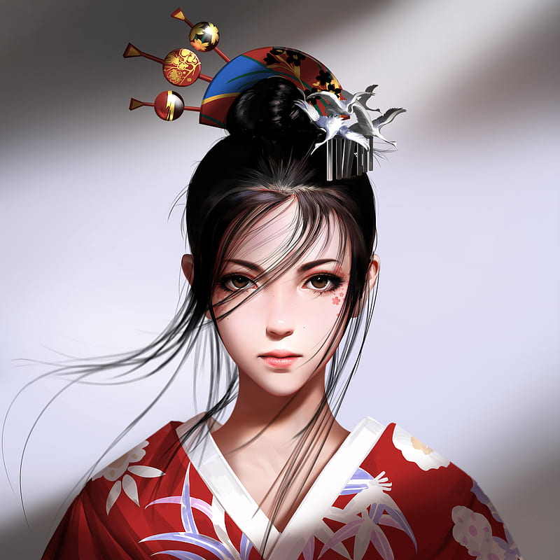 original characters, brunette, hairbun, hair accessories, hair in face, looking at viewer, brown eyes, portrait, face, kimono, Japanese clothes, white background, simple background, artwork, drawing, digital art, illustration, Liang Xing, Liang-Xing, long hair, frontal view, HD phone wallpaper