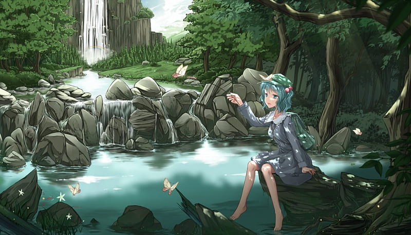 The Touhou Project, Grassfield, Forest, Anime, Grass, Backack, Solo, Butterfly, Nature, Kawashiro Nitori, River, Waterfall, Sitting, Pixiv Sky, Water, Mountains, Game, Green, Anime Girl, Rocks, HD wallpaper