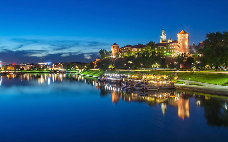 Krakow at Blue Hour, Poland, Krakow, river, Vistula, castle, HD wallpaper