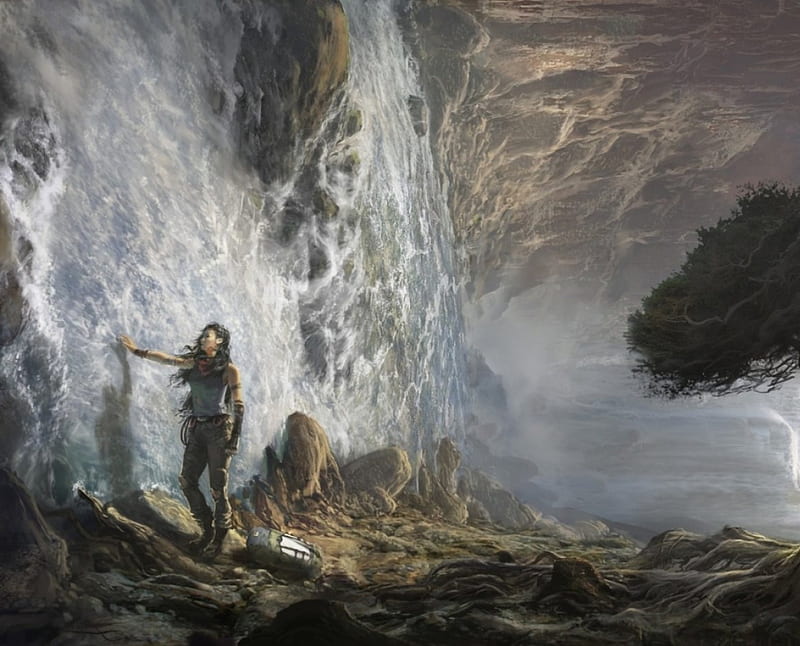 fantasy art work, rocks, tree, torch, waterfall, woman, HD wallpaper