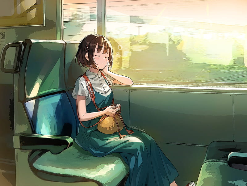 sleepy anime girl, train trip, dress, slice of life, windows, mood, camera, short hair, Anime, HD wallpaper