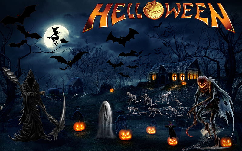 Helloween, ghost, bats, witch, Hallowee, skeleton, Jack o lantern, pumpkins, HD wallpaper