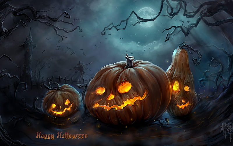 Happy Halloween, darkness, scary pumpkins, forest, creative, Halloween, HD wallpaper