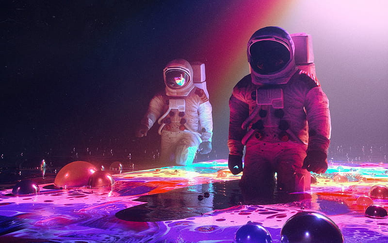 Astronauts, synthpop, fantasy, water, luminos, astronaut, pink, blue, HD wallpaper