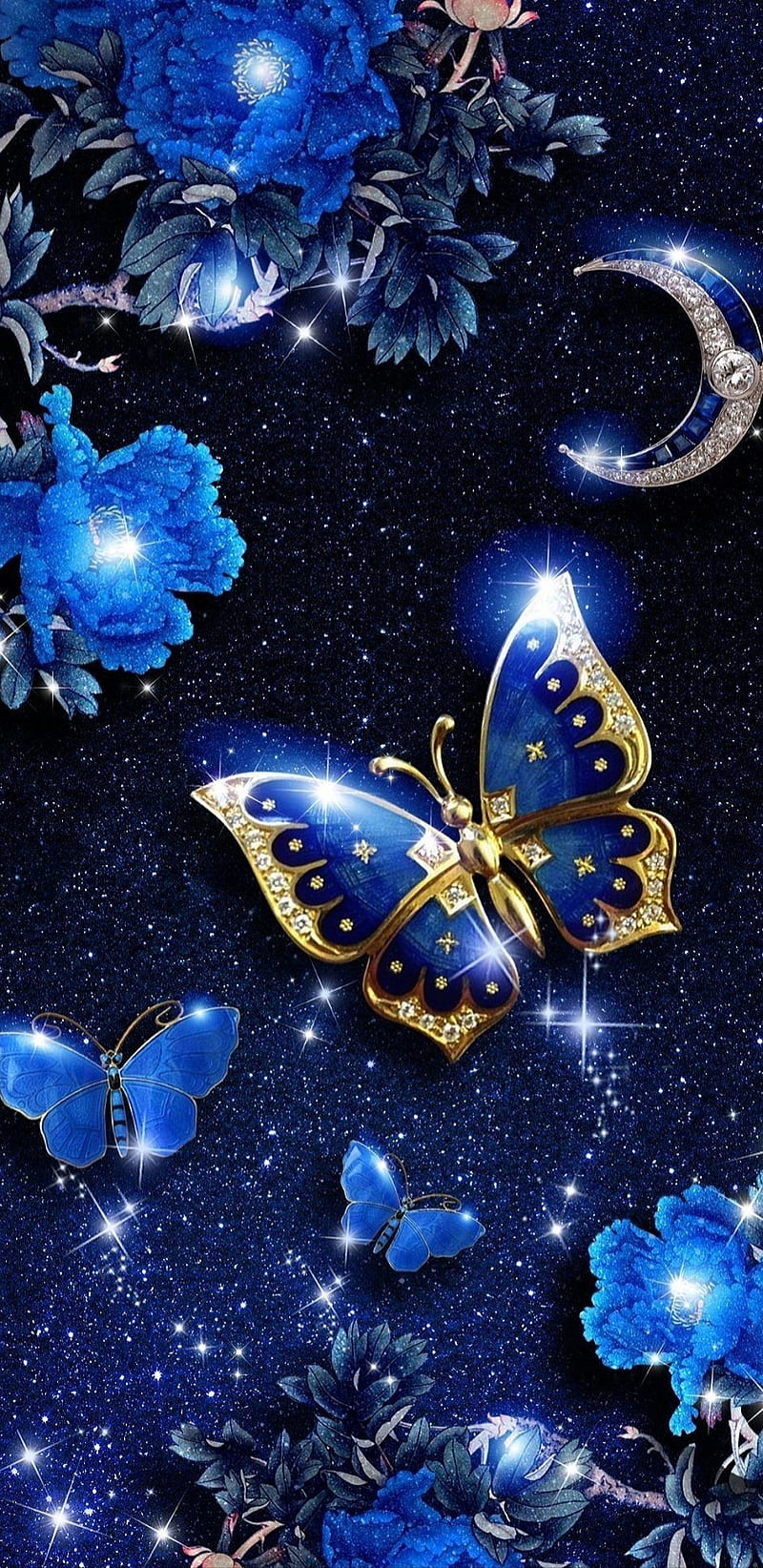 Midnight Butterfly, bonito, blue, flower, glitter, moon, sparkle, HD phone wallpaper