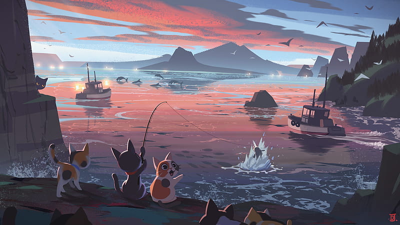 Fantasy Animals, Cat, Fishing, HD wallpaper