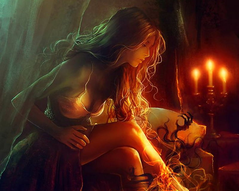 Mysterious Girl, art, fantasy, woman, candles, HD wallpaper