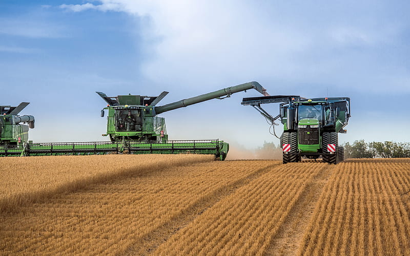 John Deere S690i, John Deere 9620RX, combine harvester, 2021 combines, wheat harvest, 2021 tractors, harvesting concepts, agriculture concepts, John Deere, HD wallpaper