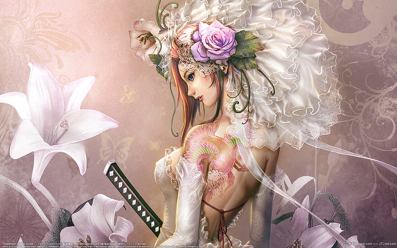 wan_hsienwei, wan-hsienwei, revenge, girl, katana, flower, bride, sexy, sword, HD wallpaper