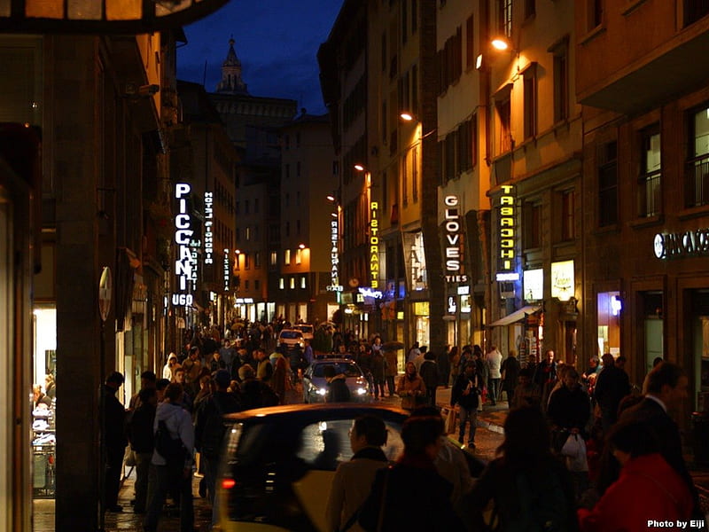 Nighttime in Florence, Italy, traffic, neon signs, people, buildings, italy, HD wallpaper