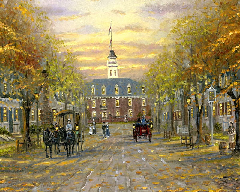 Painting of Colonial Williamsberg, art, buildings, williamsburg, colonial, sky, clouds, textures, people, painting, streets, HD wallpaper