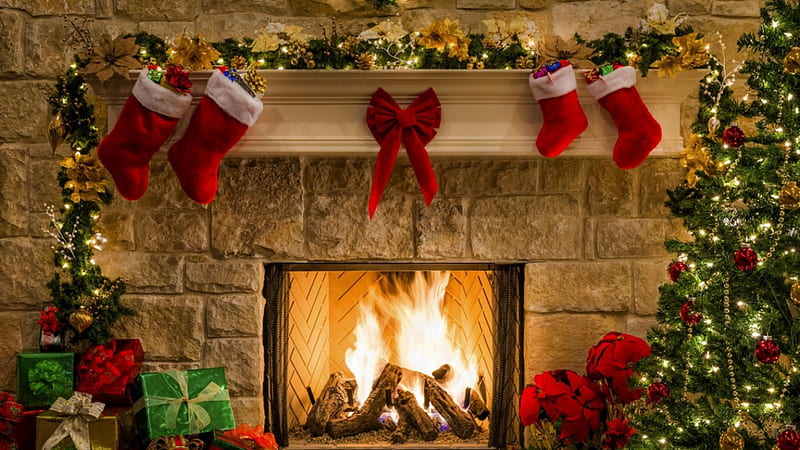 Christmas Fireplace, fireplace, fire, tree, graphy, stockings, christmas, abstract, mantle, HD wallpaper