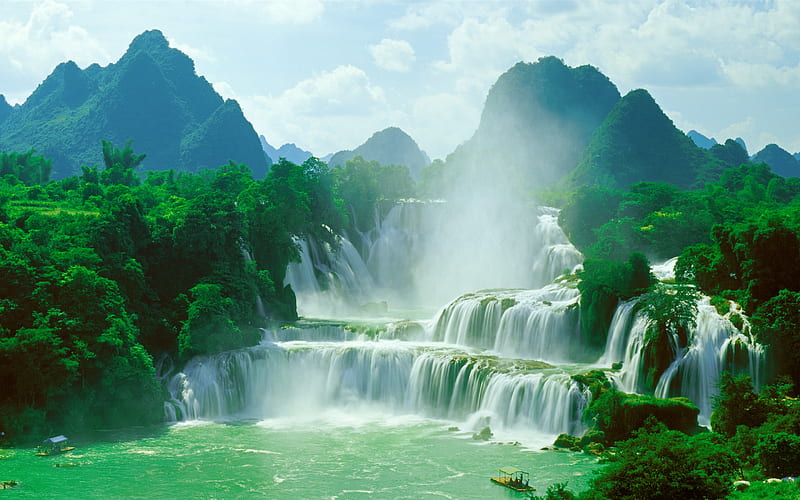 Detian Waterfall, jungle, сhinese landmarks, Daxin County, China, HD wallpaper