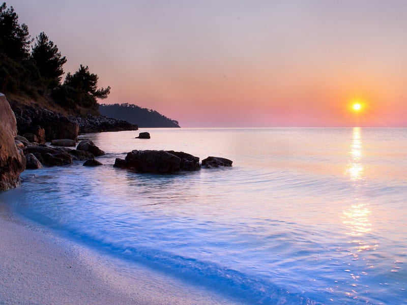 Silent Beach, ocean, sunset, waves, trees, sea, beach, nature, evening, reflection, landscape, HD wallpaper