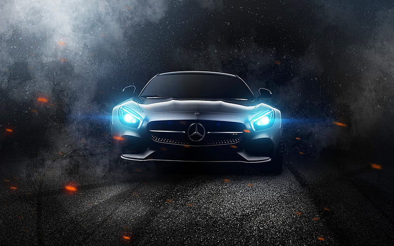 darkness, Mercedes-AMG GT, headlights, 2017 cars, supercars, AMG, Mercedes, HD wallpaper