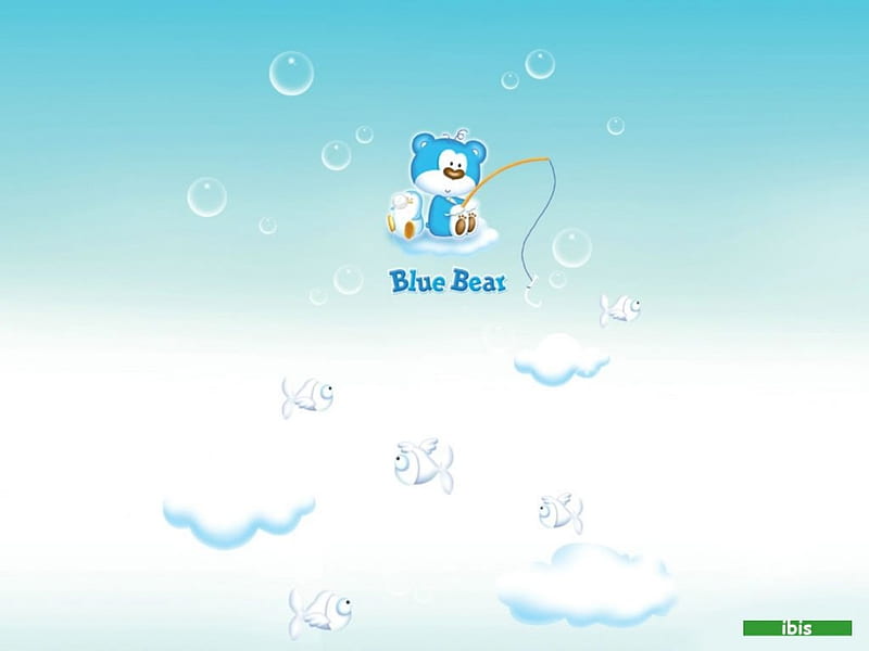 Blue Bear Fishing, fishing pole, fish, blue bear, penguin, bubbles, clouds, HD wallpaper