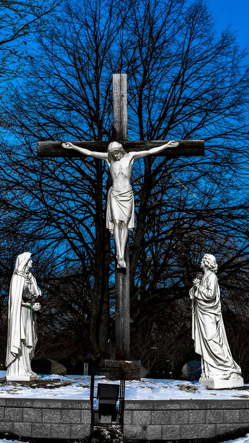 Jesus, blue, cross, crucified, crucifixion, maria magdalena, mary, son of god, statue, HD phone wallpaper