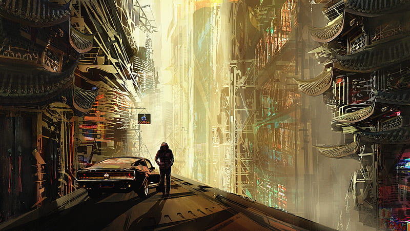Download wallpaper 1366x768 city, car, bridge, futurism, cyberpunk, sci-fi  tablet, laptop hd background