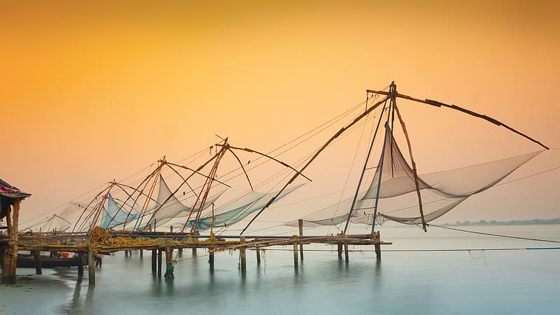 Traditional Chinese Fishing Nets Kochi India Sunrise Bing, HD wallpaper