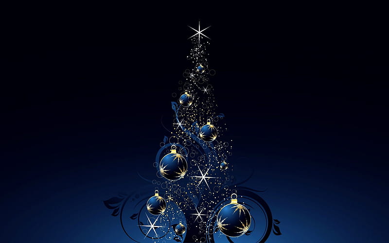 ***Blue Tree***, tree, gold, starry, new year, xmas, blue, night, light, HD wallpaper