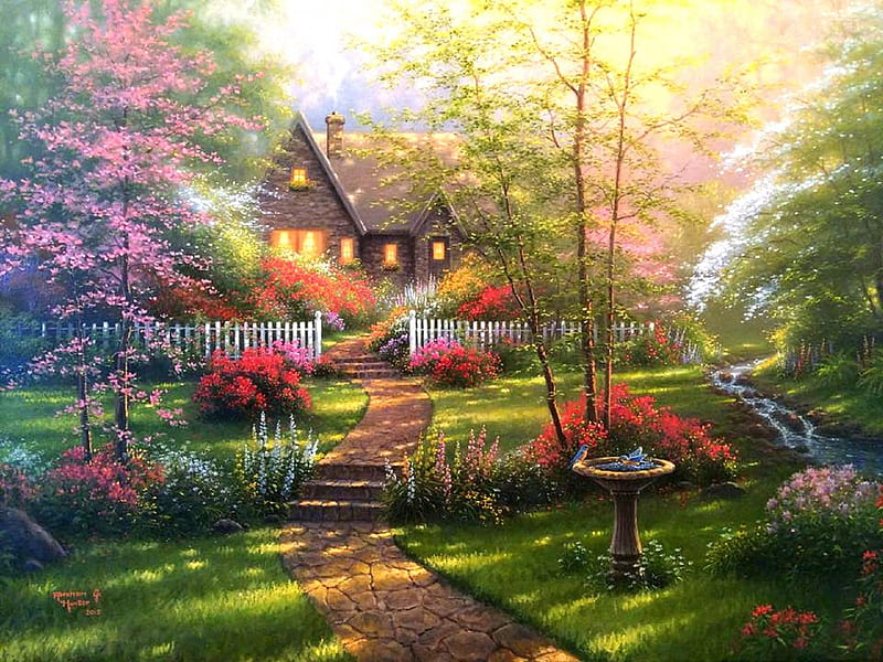 Dogwood Cottage, cottages, lovely, houses, colors, love four seasons, bonito, spring, attractions in dreams, trees, paintings, flowers, garden, nature, HD wallpaper