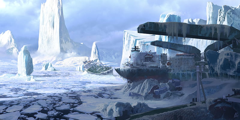 ship, frozen, ice floe, HD wallpaper