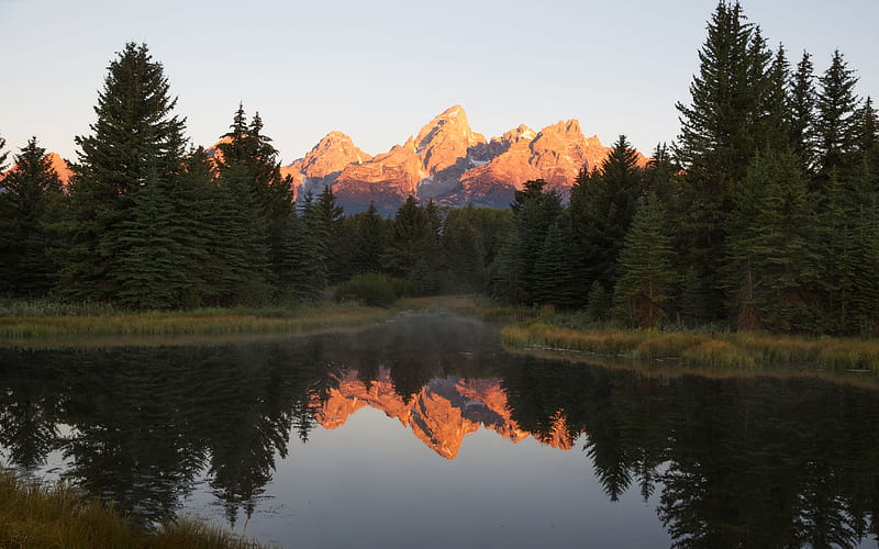 When the sun comes up in Jackson Hole, Wyoming, reflections, tetons, usa, water, trees, sky, HD wallpaper