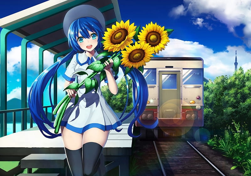 cute girl, pretty, train, sunflowers, girl, blue hair, anime, HD wallpaper