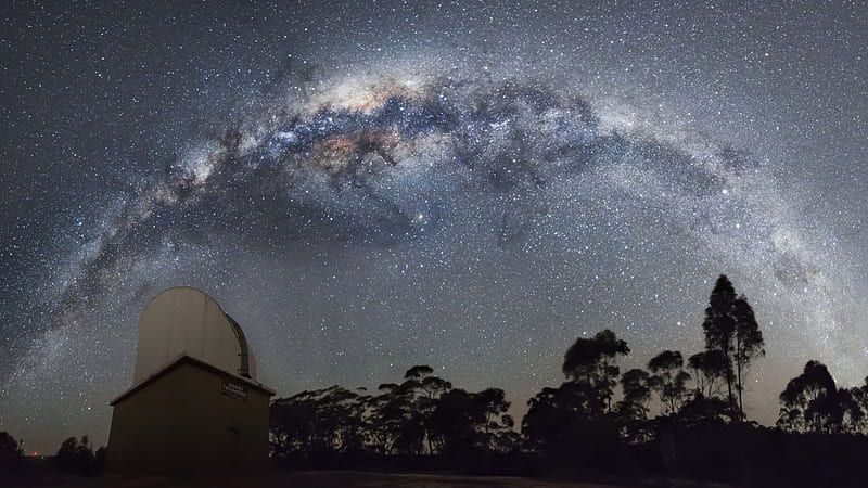 super starry sky over observatory, stars, sky, trees, observatory, HD wallpaper