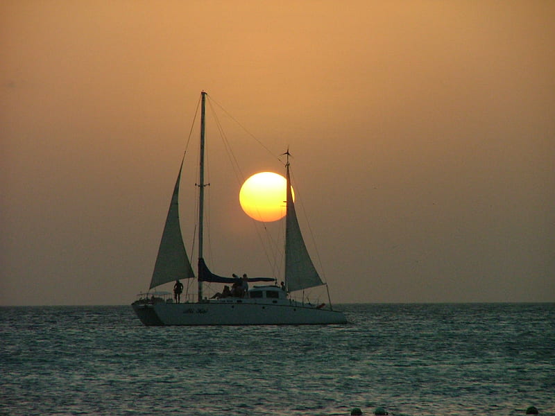 Sunset In Aruba, sunset, nature, aruba, sailboat, HD wallpaper