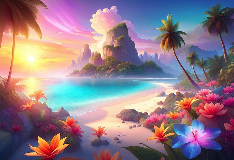 Sunset on the beach, felhok, paradicsom, sziklak, strand, napfeny, palmafak, hegyek, egbolt, szines viragok, naplemente, tengerpart, termeszet, elenk szinek, tenger, HD wallpaper