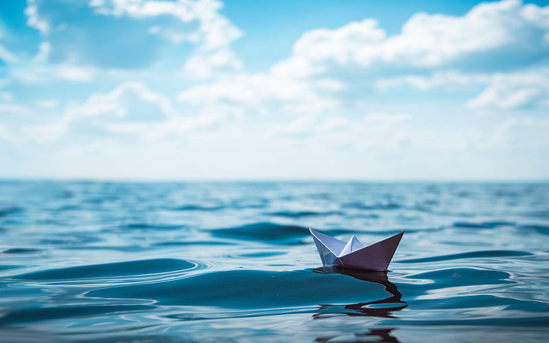paper boat, waves, sea, travel concepts, origami, blue sky, HD wallpaper