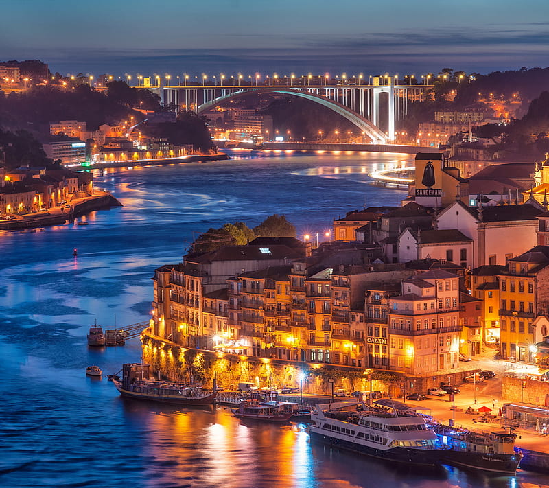Ribeira do Porto, arrabida, bridge, douro, light, night, river, HD wallpaper