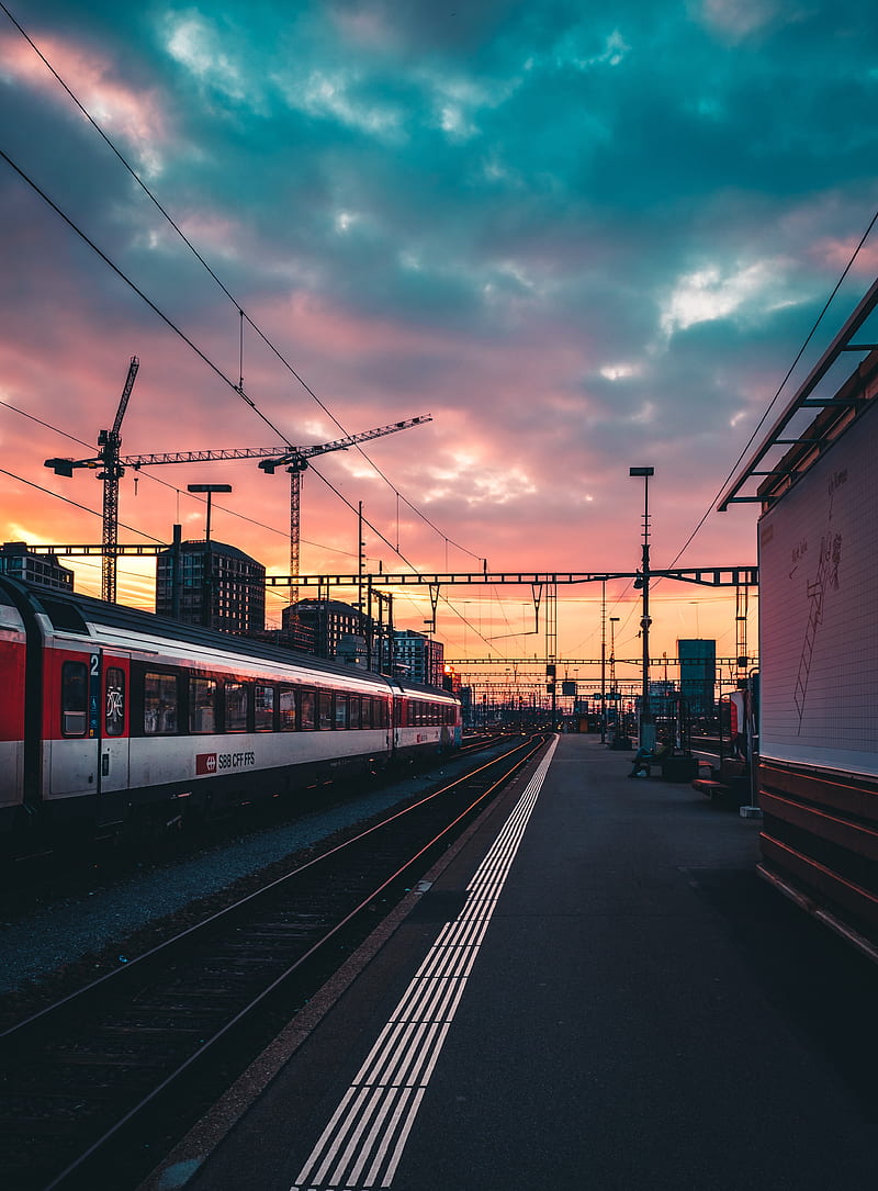 railway, train, station, sunset, waiting, HD phone wallpaper