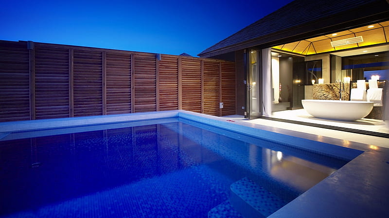 pool, fence, bath tub, blue, HD wallpaper