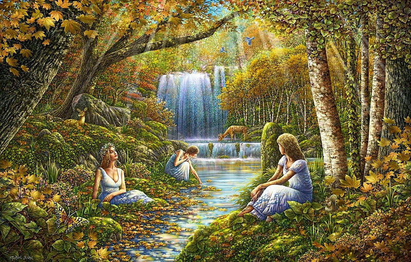 Autumn Rendezvous, forest, painting, waterfall, river, girls, trees, artwork, HD wallpaper
