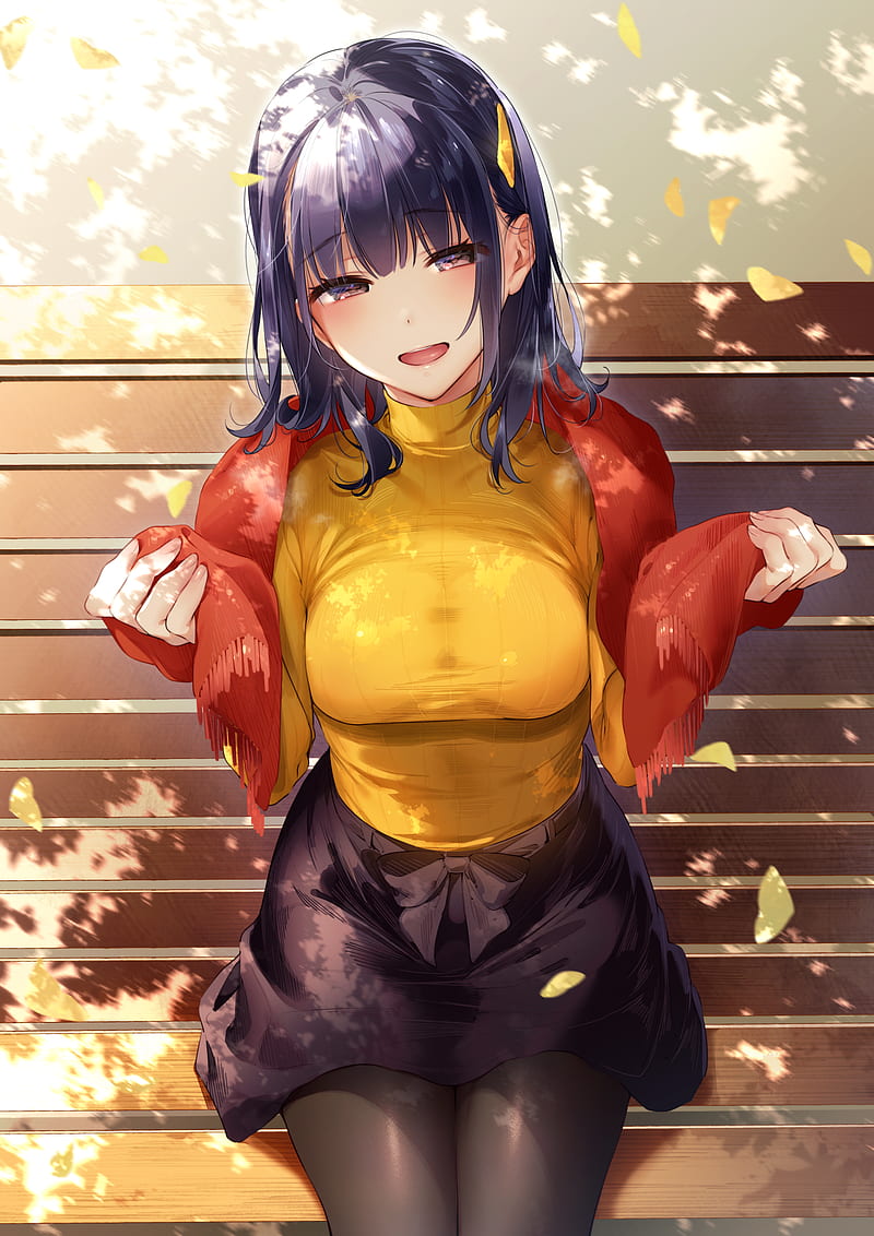 anime, anime girls, Hizuki Akira, high angle, bench, fall, leaves, dark hair, open mouth, sweater, skirt, scarf, pantyhose, frontal view, smiling, looking at viewer, women outdoors, outdoors, fallen leaves, HD phone wallpaper