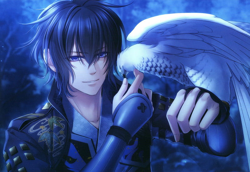 Kazuya, male, guy, eagle, sexy, short hair, boy, cool, blue hair, bird, feather, anime, hot, handsome, blue eyes, HD wallpaper