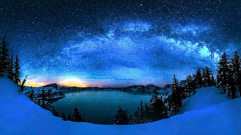 Starry Night Over The Crater Lake, snow, winter, oregon, clouds, stars, sky, usa, HD wallpaper