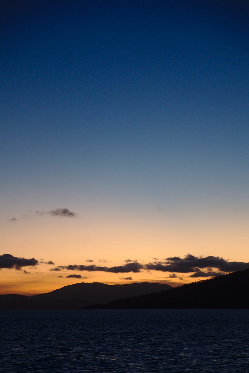 mountains, hills, sunset, sky, sea, HD phone wallpaper