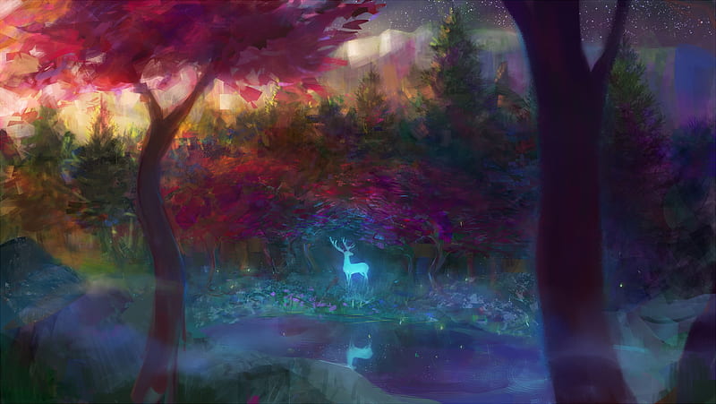Forest spirit, pink, deer, blue, forest, j witless, luminos, spirit, fantasy, tree, water, green, reflection, HD wallpaper