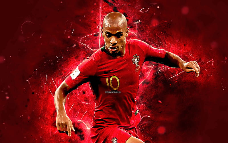 Joao Mario, red uniform, Portugal National Team, Mario, soccer, footballers, neon lights, Portuguese football team, HD wallpaper