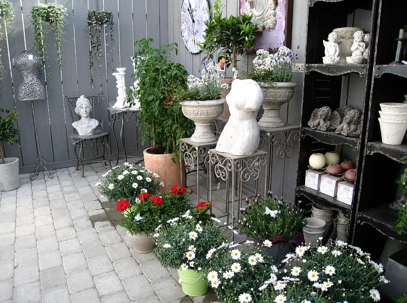Garden Shop, sculptures, flowers, pots, decorations, HD wallpaper