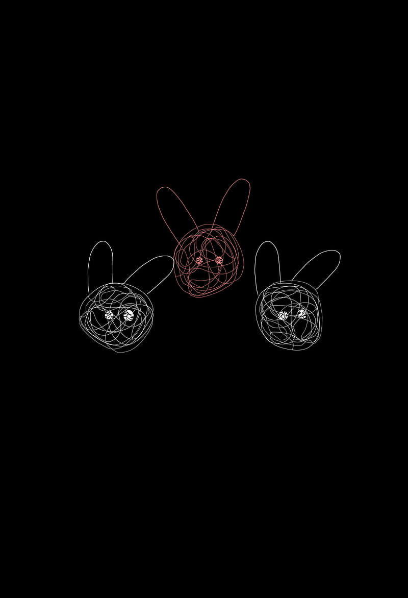 Loading bunnies, animal, black, black background, bunny, circle, cute, heart, pink, scribble, white, HD phone wallpaper
