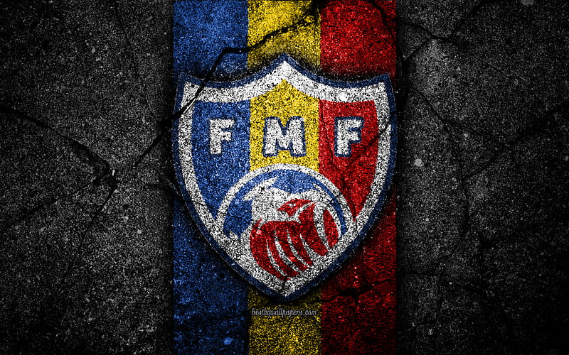 Moldovan football team emblem, UEFA, Europe, football, asphalt texture, soccer, Moldova, European national football teams, Moldova national football team, HD wallpaper