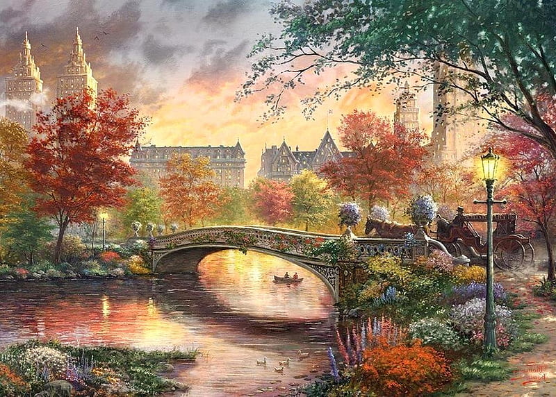Autumn evening in Central Park, autumn, tree, central park, bridge, painting, thomas kinkade, red, art, toamna, pictura, HD wallpaper