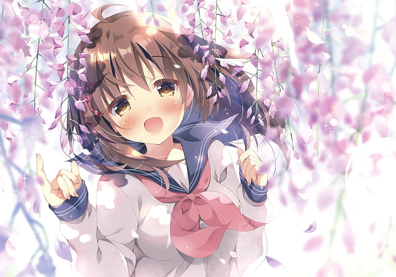 anime girl, moe, school uniform, cherry blossom, cute, Anime, HD wallpaper